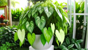 tropical climbing houseplant with heart shaped leaves